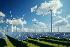 sauber Energie Komplex Wind Turbinen, Solar- Tafeln, und Wasserstoff Lager ai generiert foto