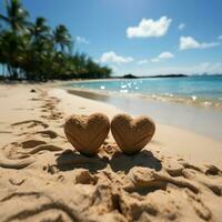 herzlich Verbindung zwei handgeschrieben Herzen auf sandig Strand, gerahmt durch tropisch Hintergrund zum Sozial Medien Post Größe ai generiert foto