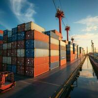 Hafen Container Anzeige gestapelt Ladung Behälter an Bord Schiff, Hafen Landschaft im Fokus zum Sozial Medien Post Größe ai generiert foto