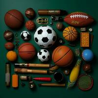 Collage von vielfältig Sport Ausrüstung, fördern Fitness und Freizeit Spiele zum Sozial Medien Post Größe ai generiert foto