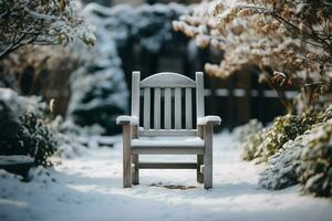 Winter Gardens hölzern Stuhl im ein heiter, verschwommen winterlich Hintergrund ai generiert foto