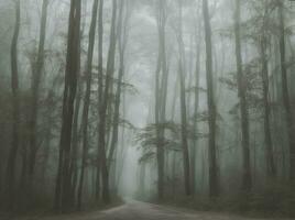nebelig Wald mit Weg führt zu das Unbekannt foto