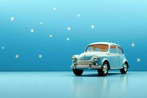 Blau Hintergrund mit ein Spielzeug Auto Ideal zum Baby Duschen ai generiert foto