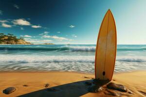 warten Surfbretter durch das Meer, ein Wasser Sport Oase winkt ai generiert foto