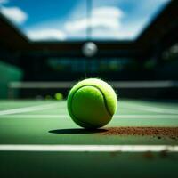 Grün Gericht summen, Rahmen bereit zum berauschend Tennis Spiel Aktion zum Sozial Medien Post Größe ai generiert foto
