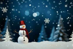 fallen Schneeflocken Umarmung ein Schneemann, eingebettet unter Kiefer Bäume ai generiert foto