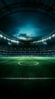 Fußball Feld gebadet im das glühen von mächtig Stadion Scheinwerfer Vertikale Handy, Mobiltelefon Hintergrund ai generiert foto