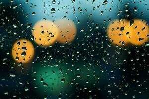 regnerisch Fenster Aussicht Monsun Regentropfen klappern über das Glas Oberfläche ai generiert foto
