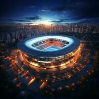 Fußball Stadion beim Nacht, abgebildet im ein oben Aussicht 3d Rendern zum Sozial Medien Post Größe ai generiert foto