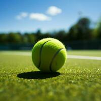 Spiel auf das Grün Gericht mit ein beschwingt Tennis Ball zum Sozial Medien Post Größe ai generiert foto