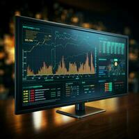 analytisch Vitrine Geschäft, Lager Markt Trends vorgestellt durch visuell Überblick zum Sozial Medien Post Größe ai generiert foto