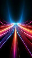 glühend Neon- Linien im 3d dynamisch Geschwindigkeit Beleuchtung auf ein dunkel Segeltuch Vertikale Handy, Mobiltelefon Hintergrund ai generiert foto