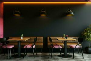 glatt, modern Cafe Innere mit ein schwarz Mauer zum kreativ branding ai generiert foto
