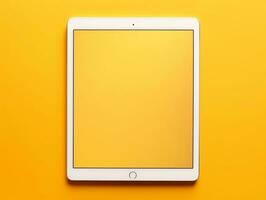 oben Aussicht von Digital Tablette Bildschirm Attrappe, Lehrmodell, Simulation auf ein Gelb Hintergrund ai generativ foto