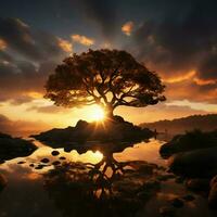 dämmert Umarmung silhouettiert Baum steht gegen Hintergrund von Sonnen strahlend Umarmung zum Sozial Medien Post Größe ai generiert foto