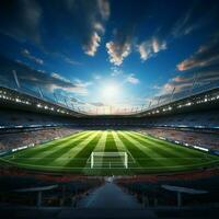 spektakulär Fußball Simulation, gerendert Stadion mit geschäftig, lebhaft Feld zum Sozial Medien Post Größe ai generiert foto