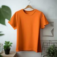 Orange Farbe weiblich T-Shirt Attrappe, Lehrmodell, Simulation ai generativ foto