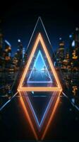 kreativ 3d Rendern glühend Neon- Rhombus auf ein reflektierend Blau Banner Vertikale Handy, Mobiltelefon Hintergrund ai generiert foto