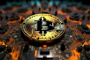 Krypto Dominanz Bitcoin, umgeben durch Matrix und Digital zahlen ai generiert foto
