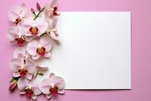 leer Segeltuch Weiß Papier, Ecke Orchideen auf Pastell- Rosa Hintergrund ai generiert foto
