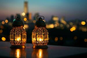 Dämmerung Himmel mit Stadt Bokeh Beleuchtung, geschmückt durch golden Ramadan Laternen ai generiert foto
