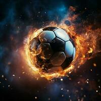 Fußballer gewinnen Moment, Ball hochfliegend in das Tor mit Präzision zum Sozial Medien Post Größe ai generiert foto