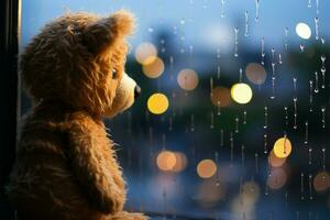 Tränen von ein Teddy tragen, Regen eingeweicht Fenster, bunt Bokeh Trost ai generiert foto