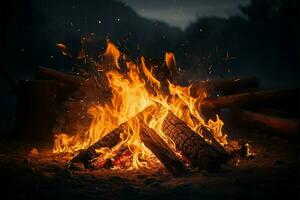 Dunkelheit kommt am Leben mit Lagerfeuer Flammen und funkelnd Glut ai generiert foto