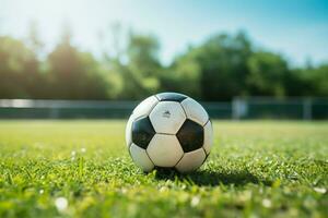 zentriert Aktion das Fußball Ball nimmt es ist Position auf Feld ai generiert foto