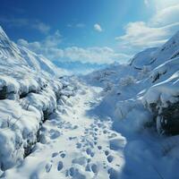 schneebedeckt Aufstieg Mensch Fußabdrücke Spur Hang Reise, Umarmen schneebedeckt Herausforderung zum Sozial Medien Post Größe ai generiert foto