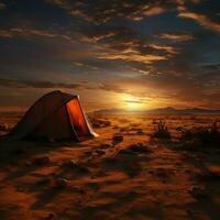 sandig Einsamkeit Camping allein im unfruchtbar Wüste, weit von Zivilisationen Geschäftigkeit zum Sozial Medien Post Größe ai generiert foto