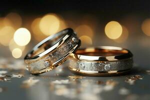 Nahansicht von Hochzeit Ringe auf ein glänzend Bokeh Hintergrund mit Raum zum Text ai generiert foto