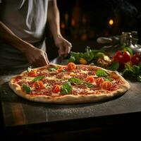 hingeben im Gourmet Pizza bereit durch unser gewidmet Bewohner Koch zum Sozial Medien Post Größe ai generiert foto