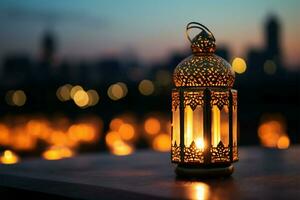 Dämmerung Himmel mit Stadt Bokeh Beleuchtung, geschmückt durch golden Ramadan Laternen ai generiert foto