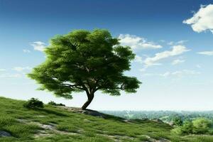 ein kolossal Baum einstellen gegen ein Blau Himmel, ein 3d Natur Darstellung ai generiert foto