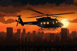 das Silhouette von ein Nützlichkeit Hubschrauber und Stadt Turm auf Orange ai generiert foto