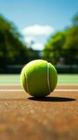 Grün Gericht summen, Rahmen bereit zum berauschend Tennis Spiel Aktion Vertikale Handy, Mobiltelefon Hintergrund ai generiert foto