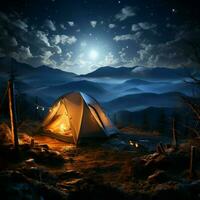 nachtaktiv Schutz Zelt steht inmitten Dunkelheit, ein Oase unter das sternenklar Himmel zum Sozial Medien Post Größe ai generiert foto