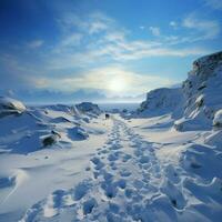 winterlich Wanderung Fußabdrücke aufsteigen Hügel wie Menschen wagen durch Schnee bedeckt Landschaft zum Sozial Medien Post Größe ai generiert foto