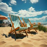 Küsten Komfort Strand Stühle auf sandig Ufer unter sonnig Blau Himmel und Wolken zum Sozial Medien Post Größe ai generiert foto