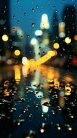 Sanft Fokus Regentropfen auf Glas verwandeln das Nacht Stadtbild Hintergrund Vertikale Handy, Mobiltelefon Hintergrund ai generiert foto
