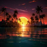 Palme Bäume, Neon- Sonnenuntergang, und Wasser retro Album Startseite Konzept zum Sozial Medien Post Größe ai generiert foto