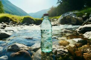 Kontrast von Natur ein Plastik Flasche und ein wild Berg Strom ai generiert foto