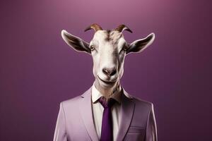 Geschäftsmann Porträt von Ziege im passen und Krawatte auf isoliert lila Hintergrund ai generiert foto