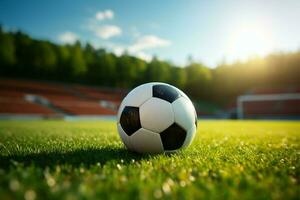 Fußball Ball ruhen auf üppig Grün Gras, Stadion im das Hintergrund ai generiert foto