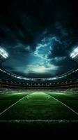Fußball Feld gebadet im das glühen von mächtig Stadion Scheinwerfer Vertikale Handy, Mobiltelefon Hintergrund ai generiert foto