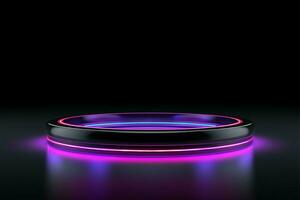 beleuchtet Ring Neon- Licht und Laser- auf ein glatt Anzeige ai generiert foto