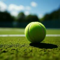 spielerisch Spiel entfaltet sich auf ein Grün Tennis Gericht mit ein Ball zum Sozial Medien Post Größe ai generiert foto