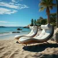 Chaise Lounges auf Strand Aussicht zum Sozial Medien Post Größe ai generiert foto
