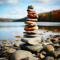 Küsten Steinhaufen Steine vereinbart worden im ein Strand Pyramide, ein still und natürlich Monument zum Sozial Medien Post Größe ai generiert foto